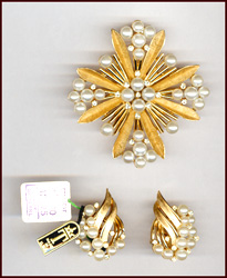 Trifari Gold Tone & Faux Pearl Starburst Pin & Earrings Set